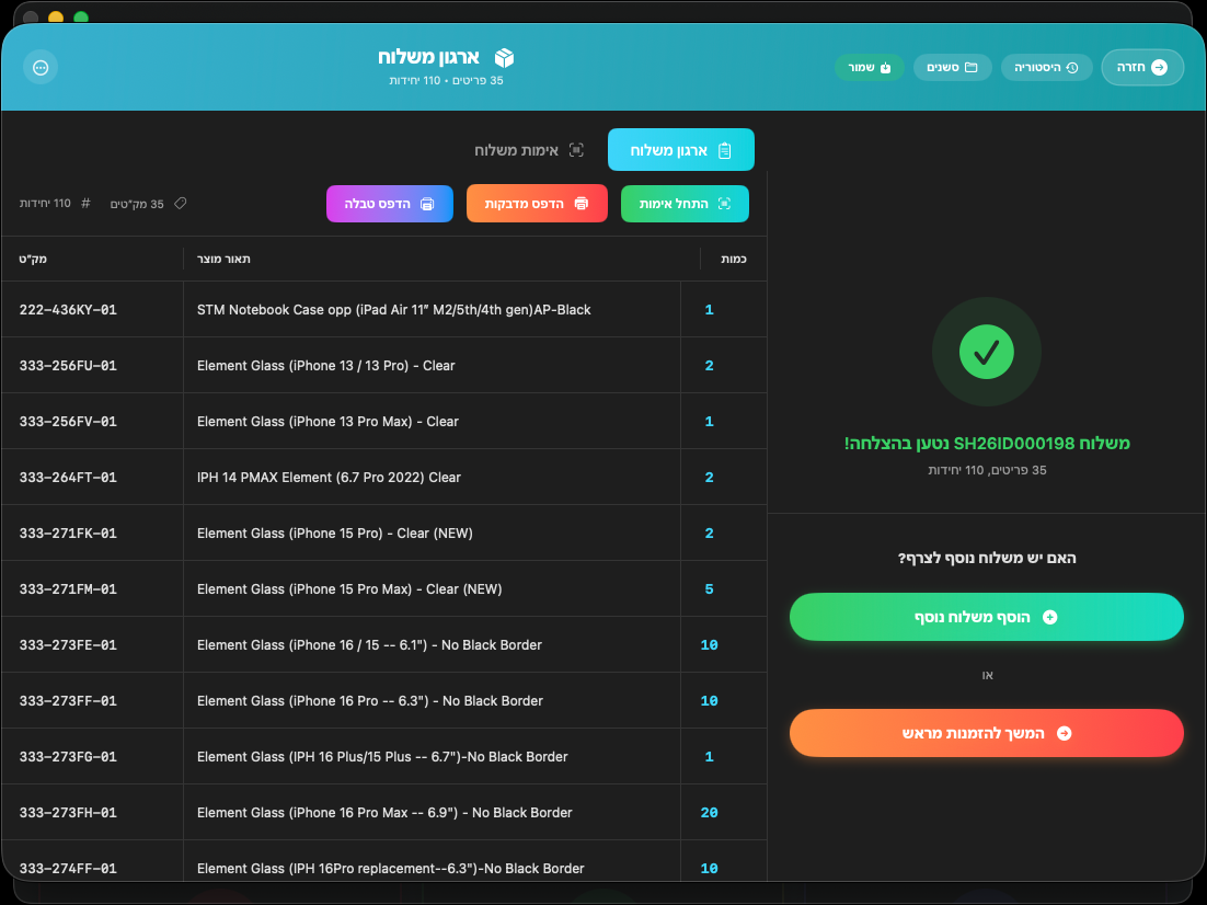 Shipment Organizer — 35 items, 110 units